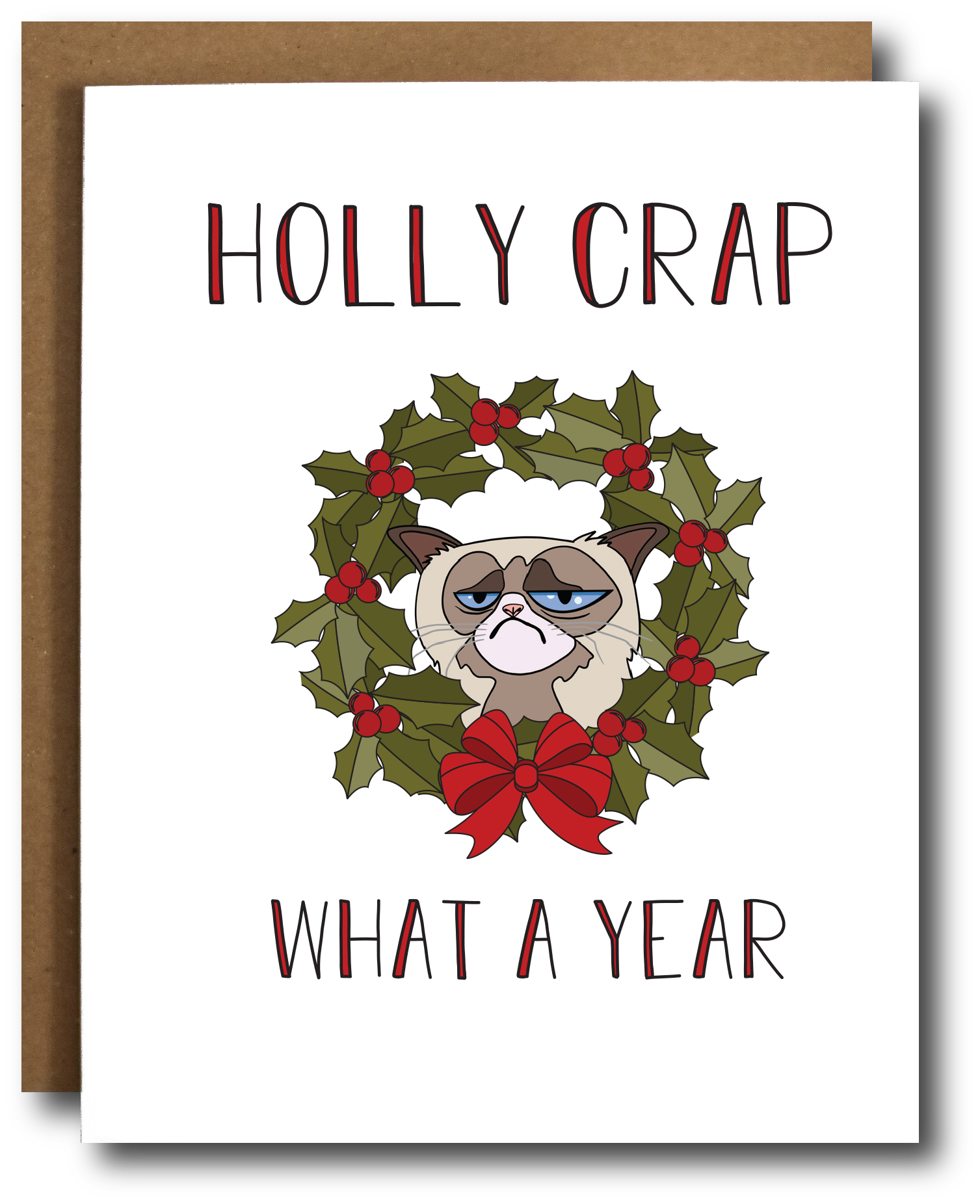 HOLLY Crap What A Year Christmas Card featuring a humorous design with festive colors and a blank interior for personal messages.