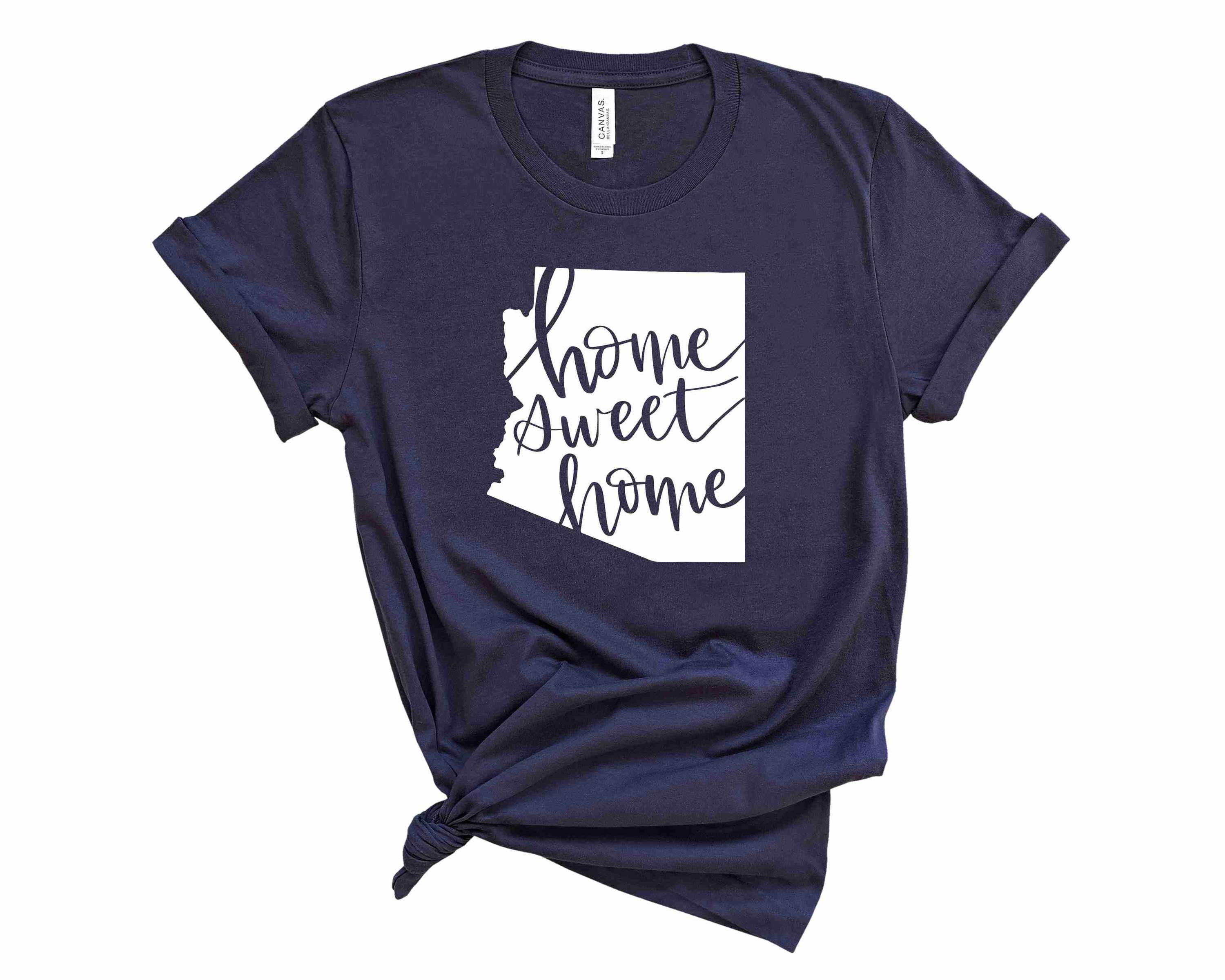 A unisex graphic tee featuring the phrase 'Home Sweet Arizona' in vibrant colors, perfect for casual wear.
