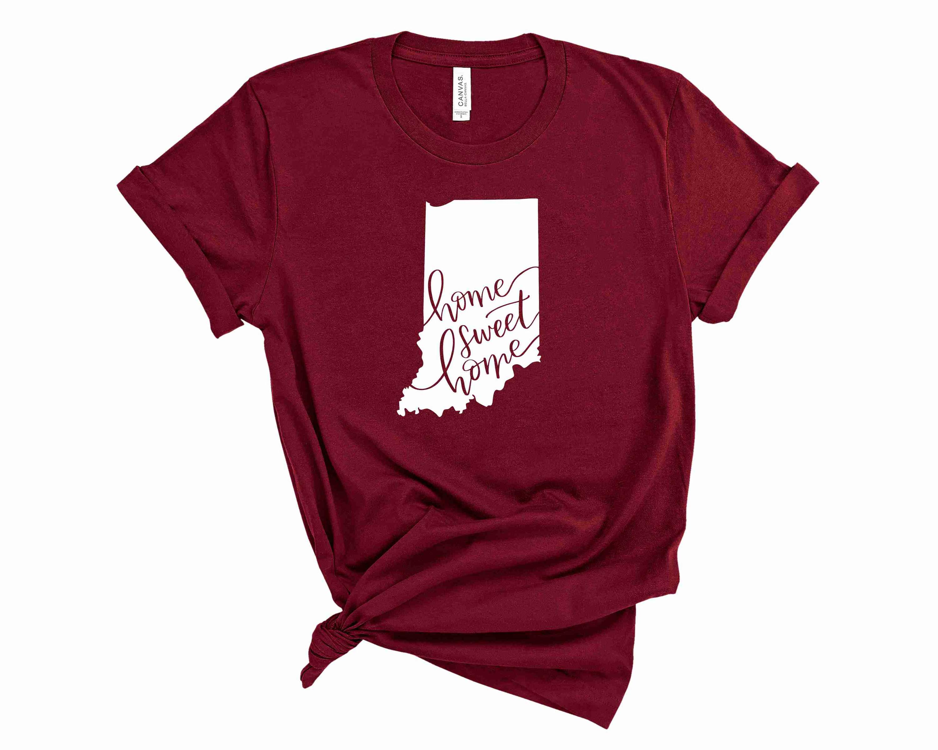Home Sweet Home Indiana graphic tee featuring a stylish design on a soft fabric, suitable for unisex wear.