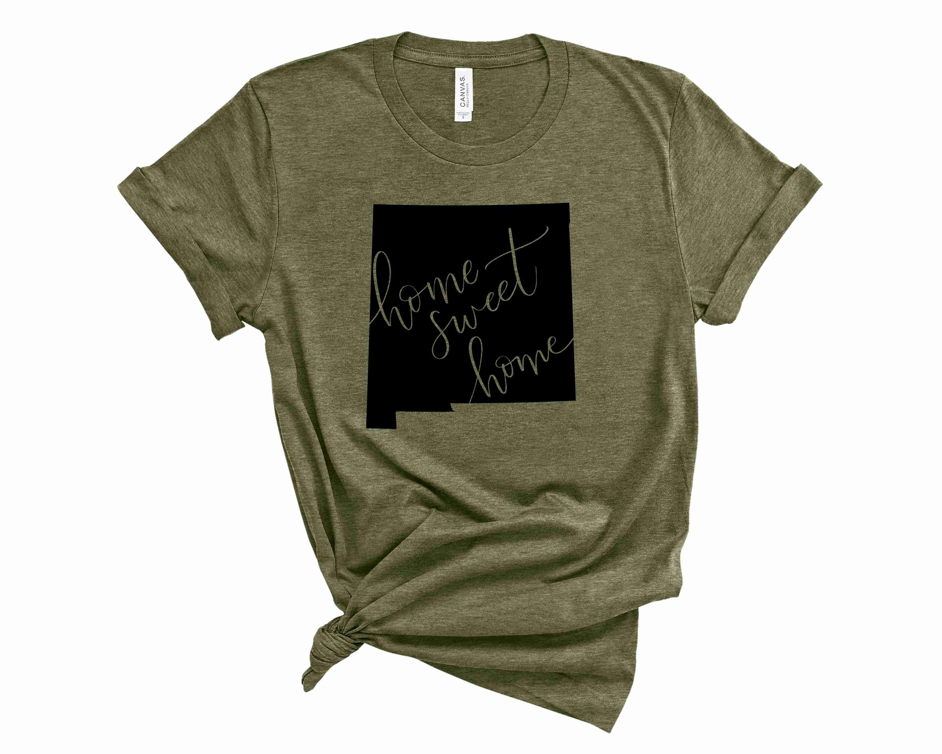 Unisex graphic tee featuring 'Home Sweet Home' design with New Mexico imagery.