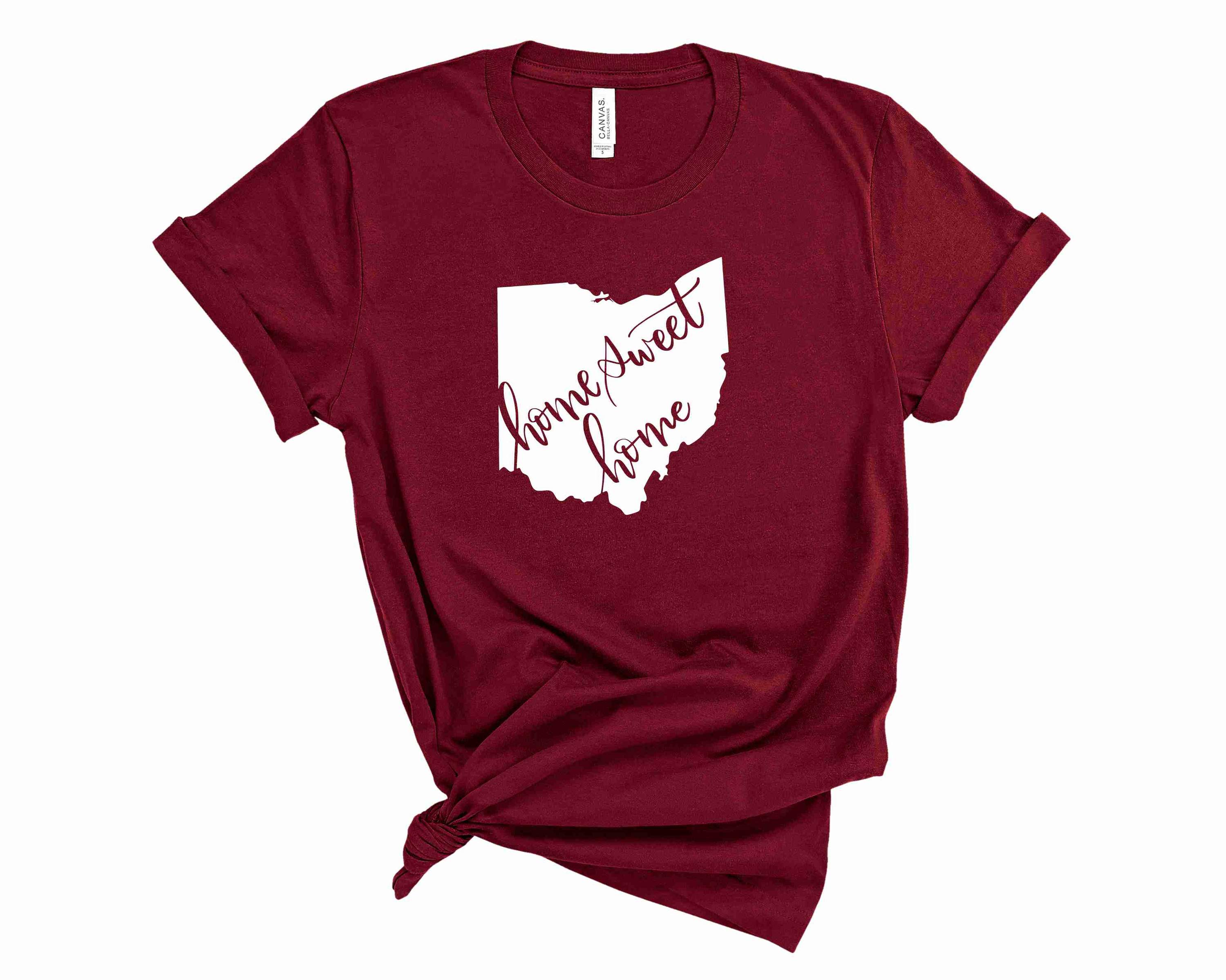 A unisex graphic tee featuring the phrase 'Home Sweet Home' with a stylish Ohio design, perfect for casual wear.