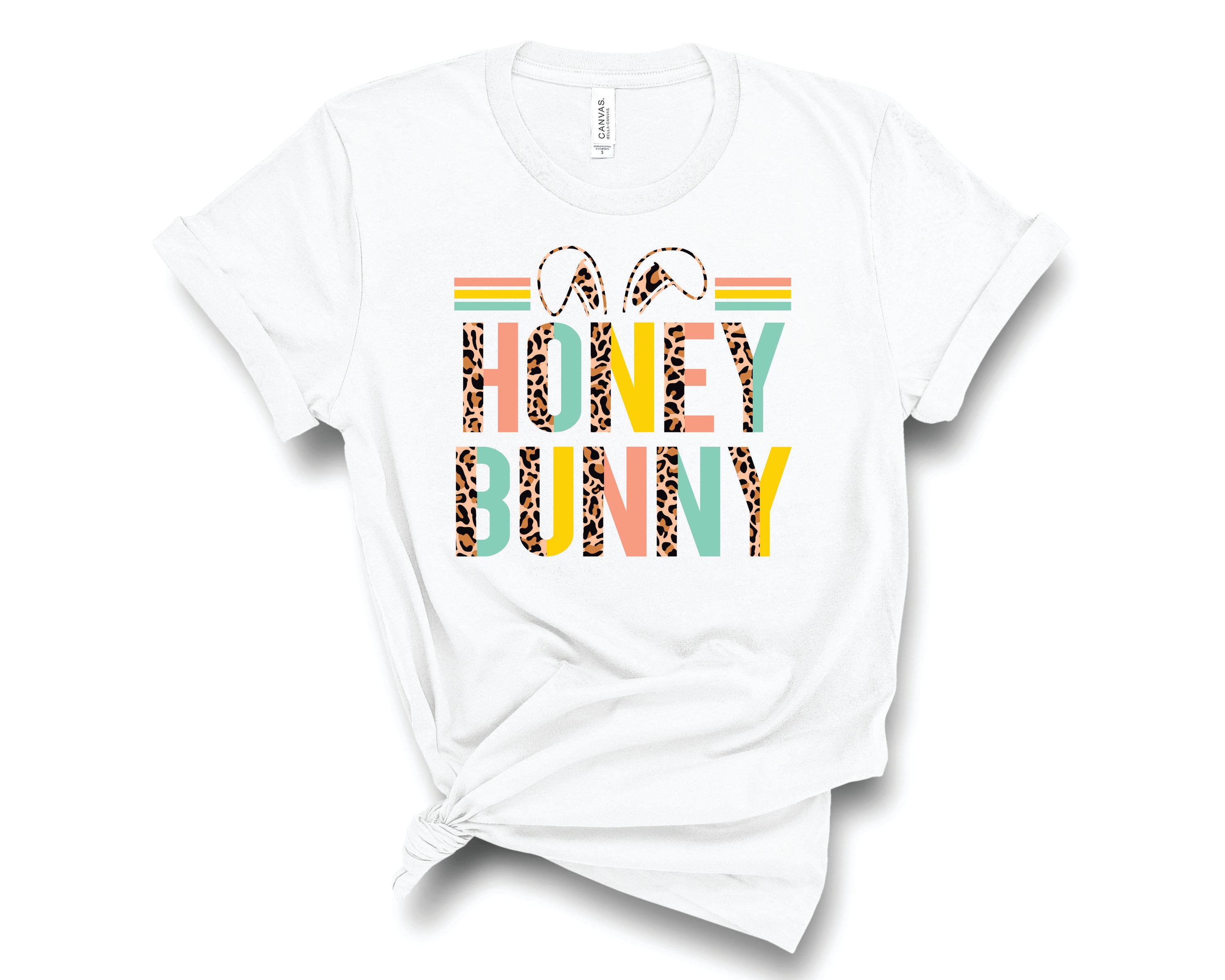 Honey Bunny Half Leopard Peach Mint Graphic Tee featuring a stylish half leopard print design in peach and mint colors.