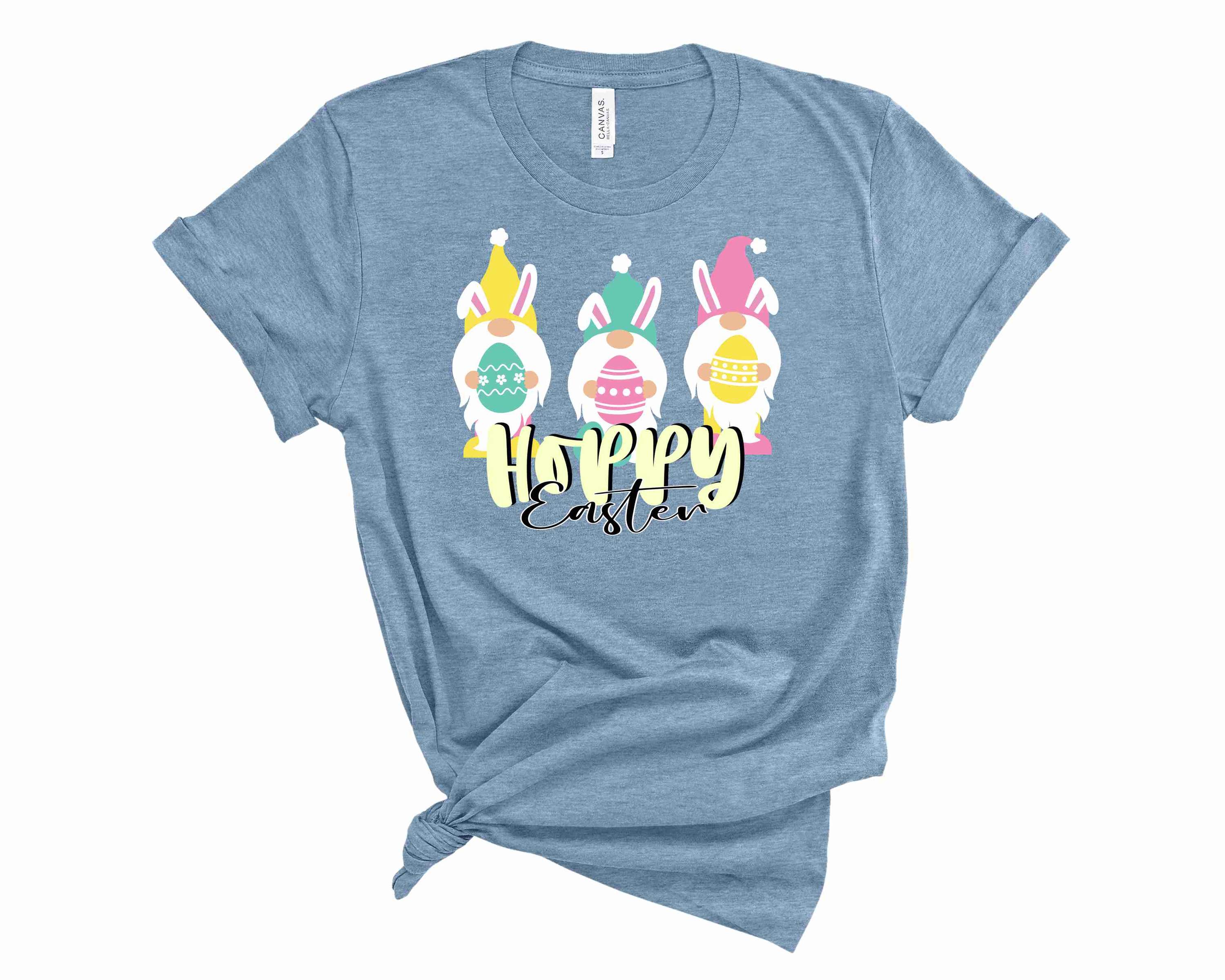A colorful unisex graphic tee featuring playful Easter gnomes, perfect for celebrating the holiday.