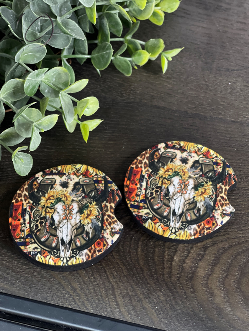 Horseshoe Bull Skull car coasters made of neoprene, featuring a unique bull skull design, perfect for car interiors.