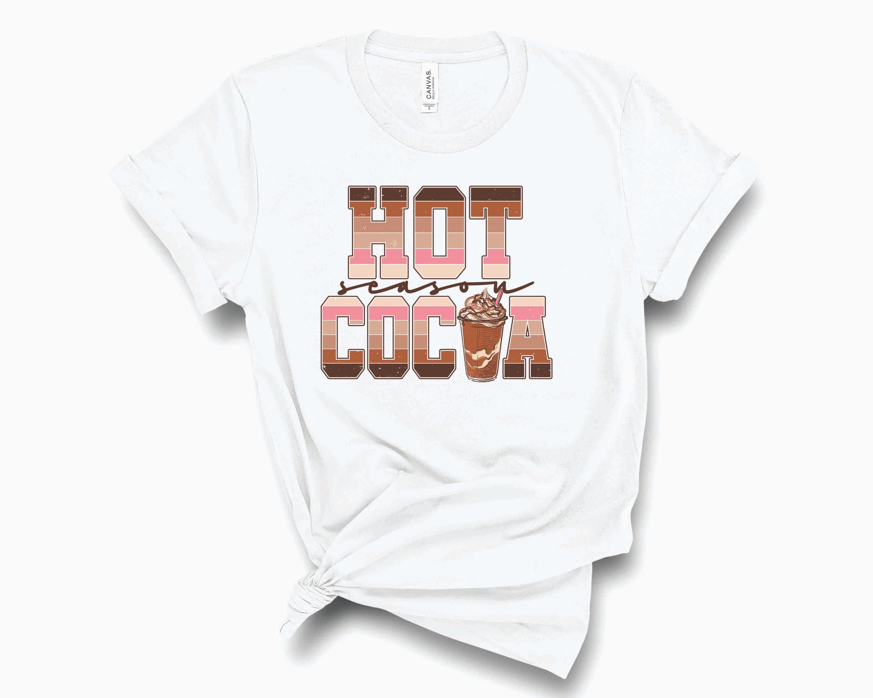 A cozy unisex graphic tee featuring a festive hot cocoa design, perfect for winter wear.