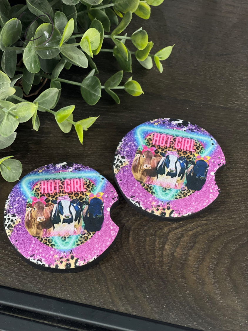Hot Girl Summer Heifers car coaster set featuring vibrant design and durable neoprene material, perfect for summer road trips.