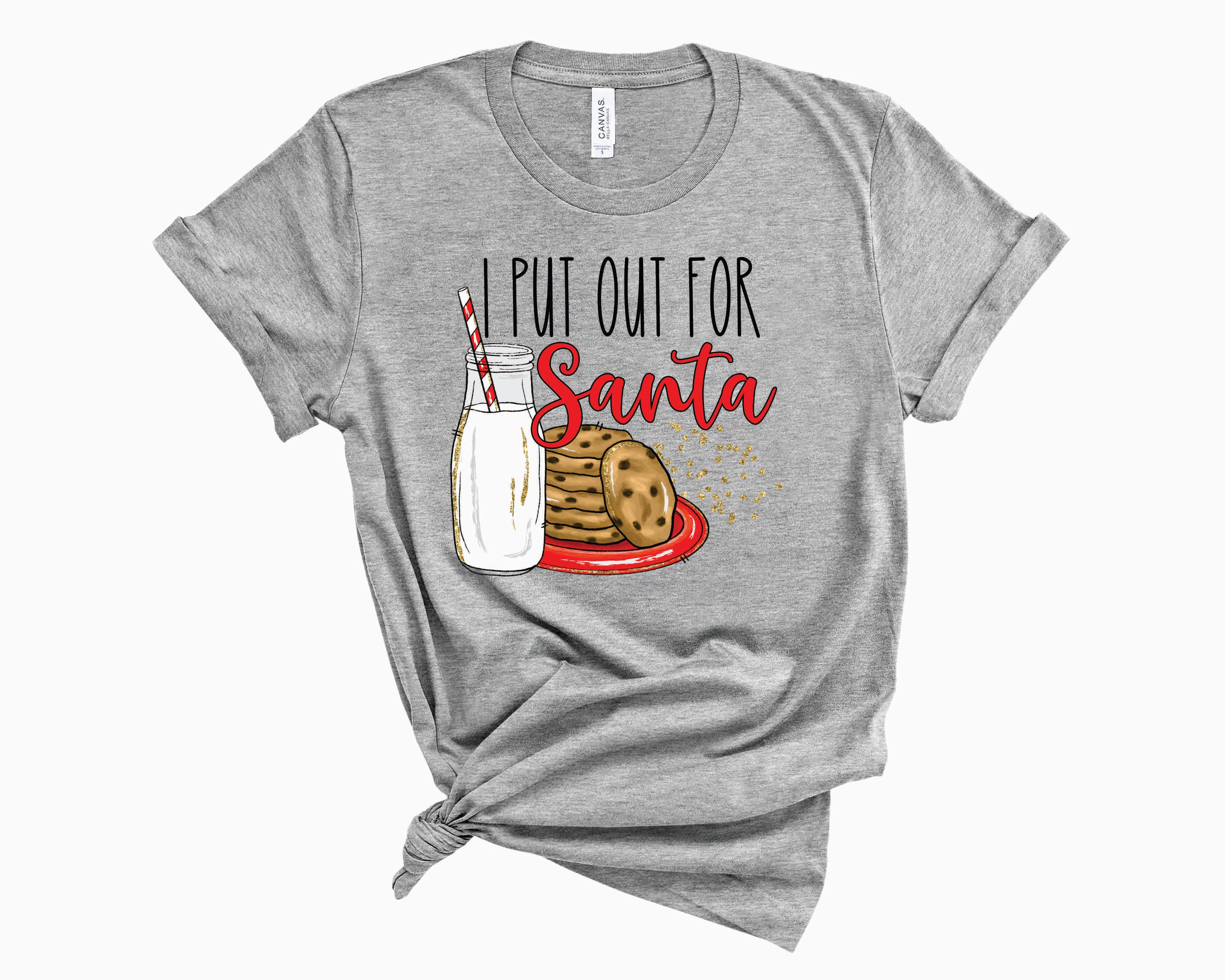 A humorous unisex graphic tee featuring the text 'I Put Out For Santa' in festive colors, perfect for holiday celebrations.