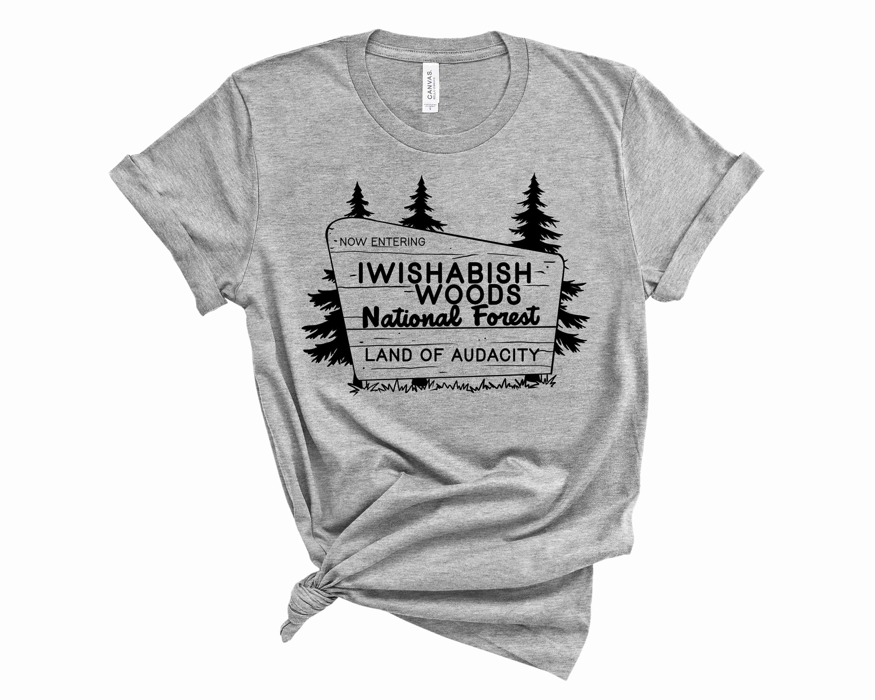 Grey "IWISHABISH WOODS" graphic t-shirt.