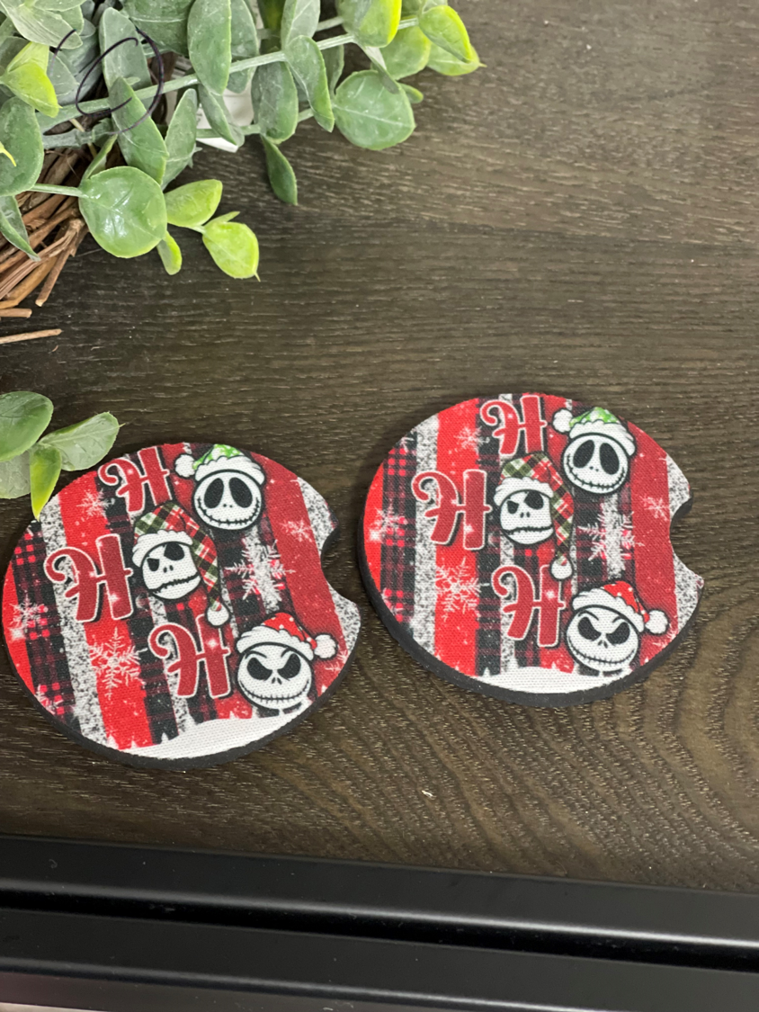 Jack Skellington Ho Ho Ho car coasters featuring a festive design, made of durable neoprene, perfect for cup holders.