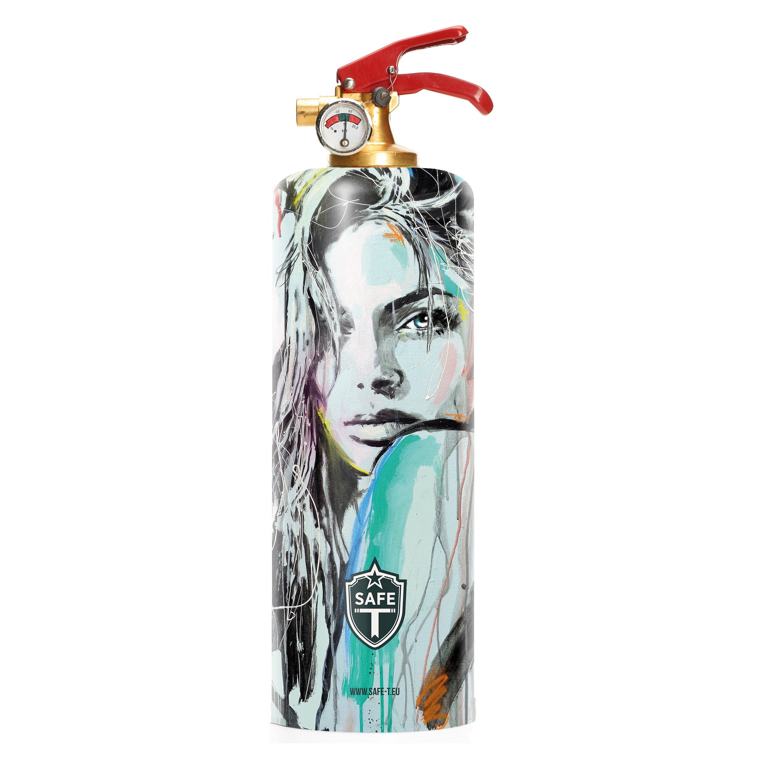 Artistic fire extinguisher designed by Loui Jover, featuring vintage book paper and elegant black lines.