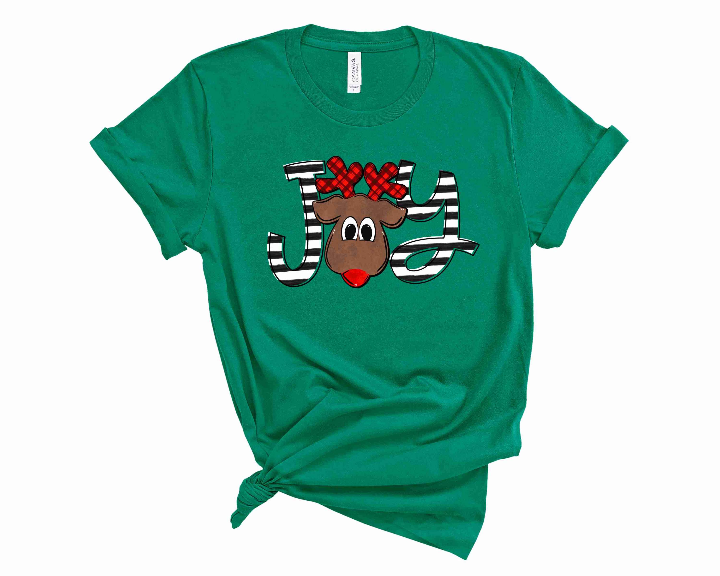 Joy Reindeer Graphic Tee featuring a playful reindeer design on a soft unisex t-shirt.