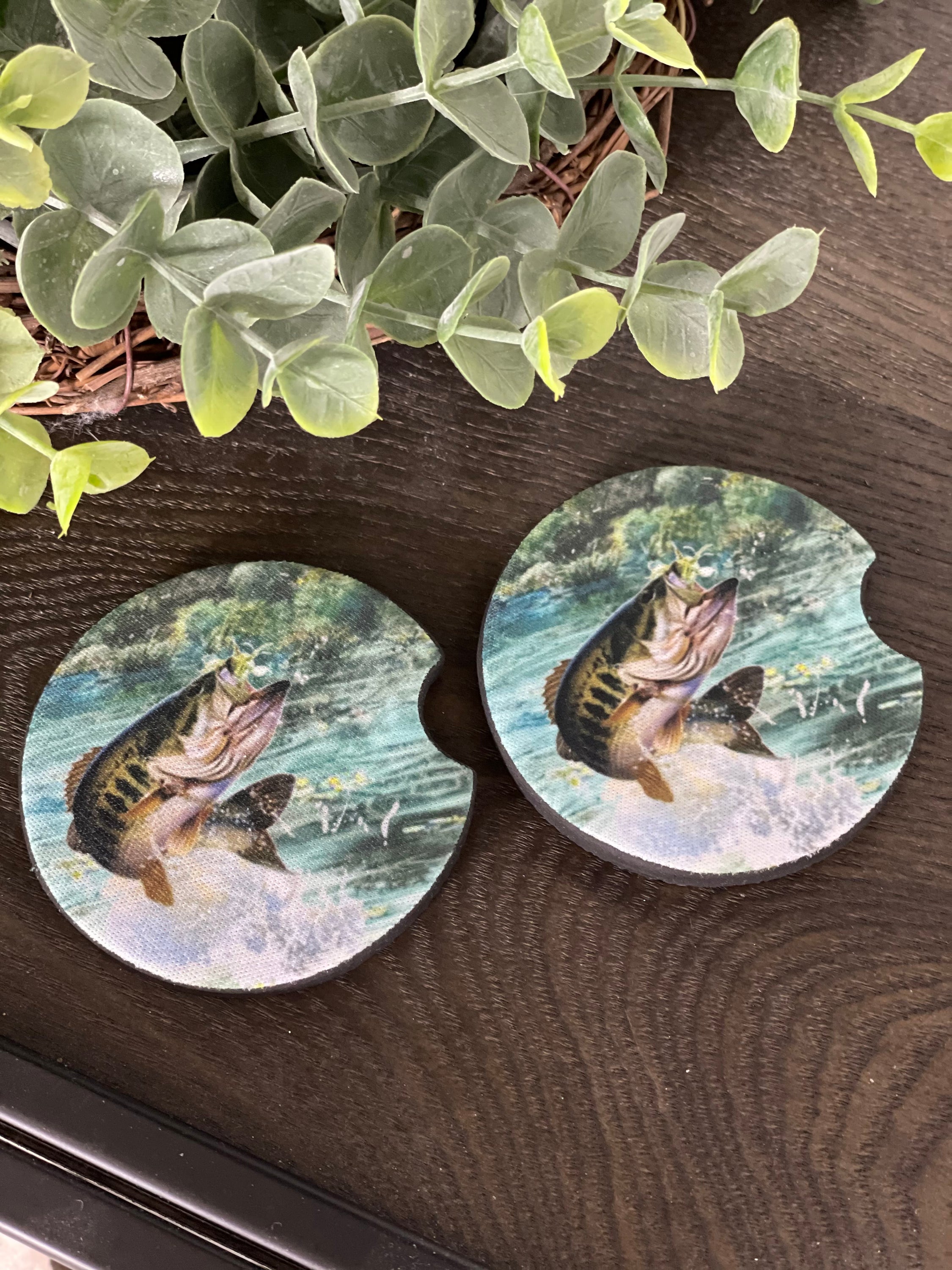 Jumping Bass Neoprene Car Coaster Set featuring a vibrant bass design, perfect for car cup holders.