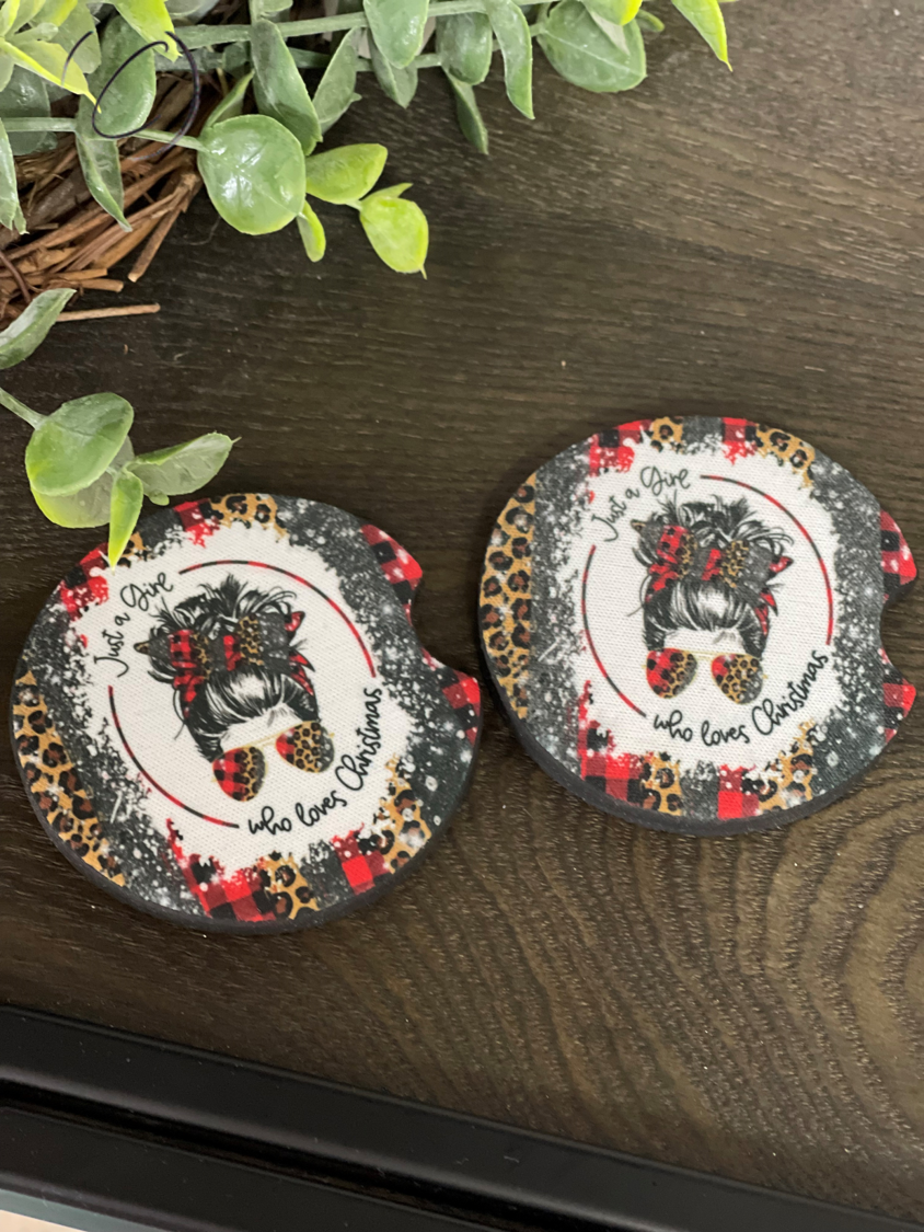 Just A Girl Who Loves Christmas neoprene car coasters featuring festive design, perfect for holiday decor.