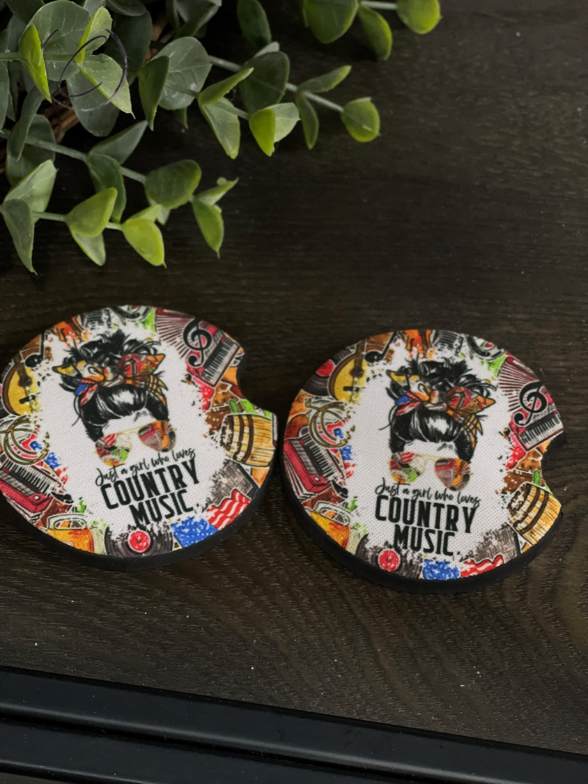 Just A Girl Who Loves Country Music car coaster set featuring a vibrant design on durable neoprene material.