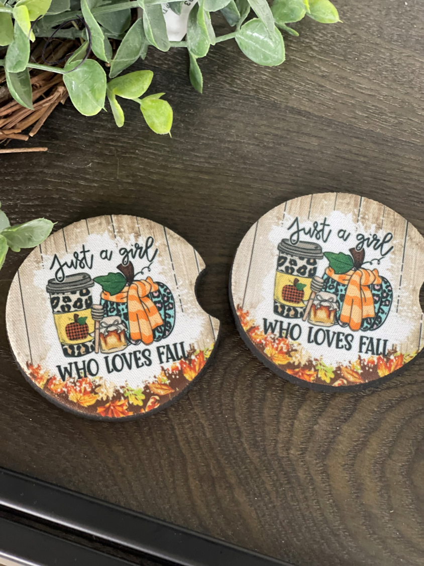 Just A Girl Who Loves Fall neoprene car coasters featuring autumn-themed design, perfect for cup holders.