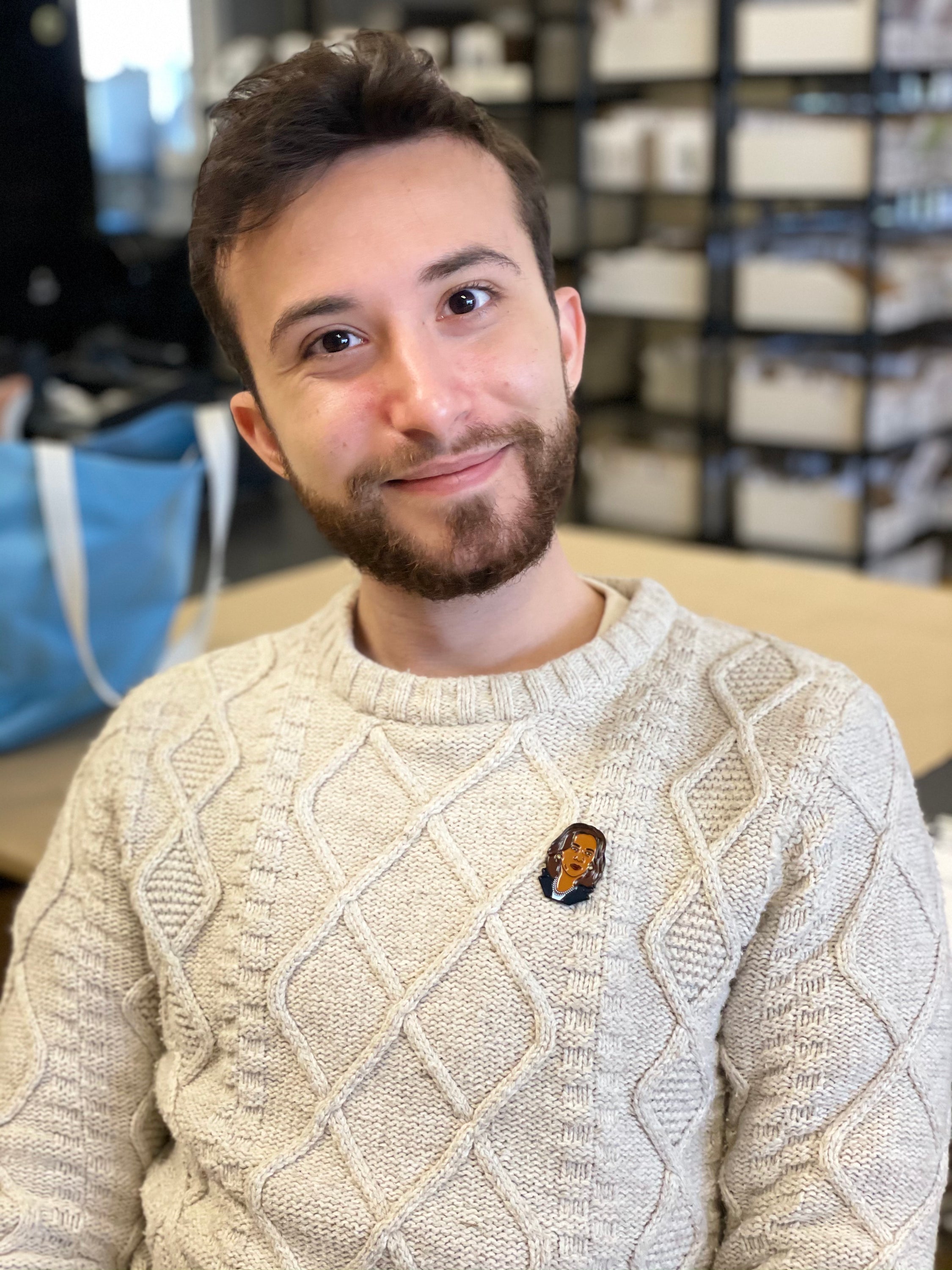 Kamala Harris enamel pin featuring vibrant colors and detailed design, perfect for bags or shirts.