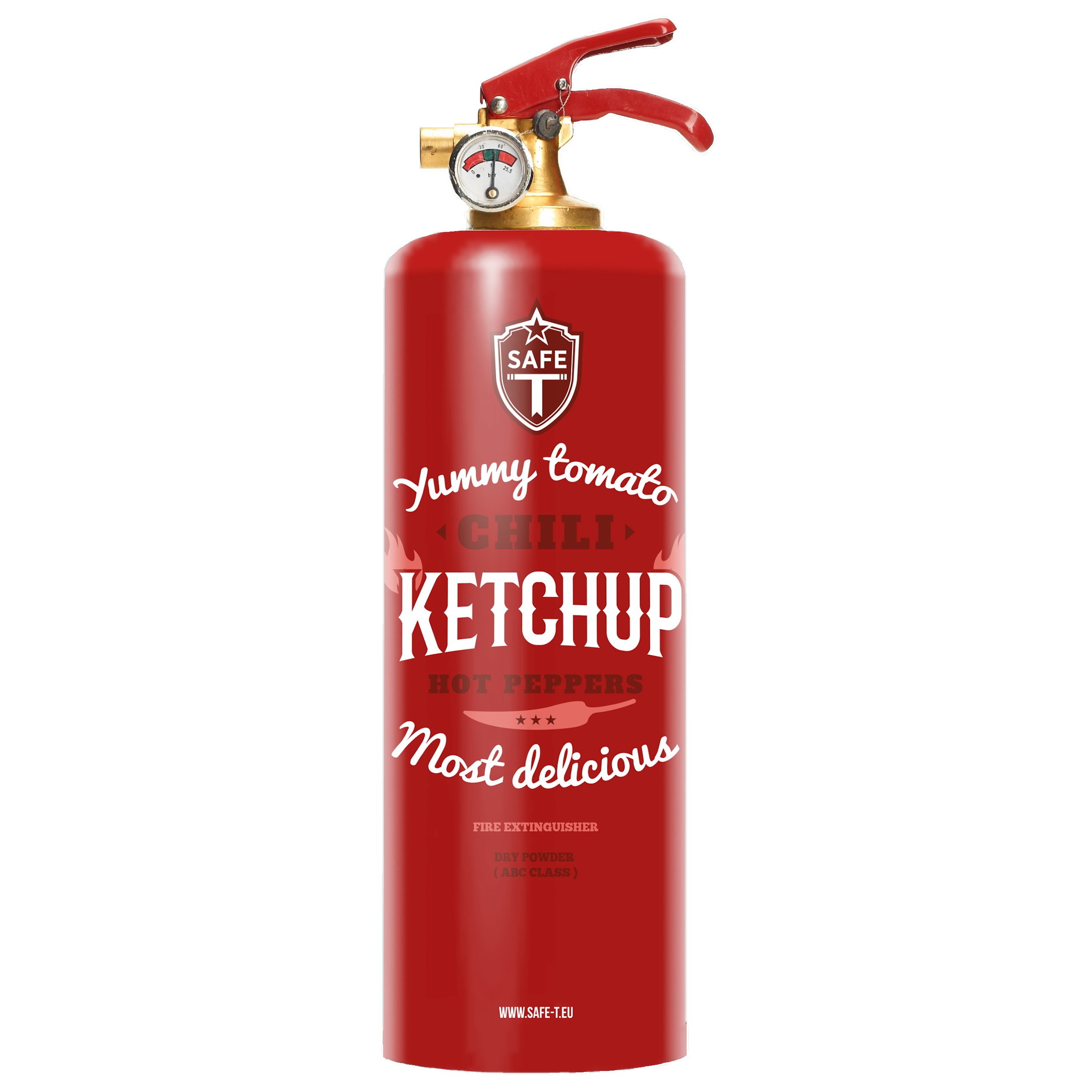 Safe-T Ketchup fire extinguisher in a stylish ketchup bottle design, showcasing its compact size and elegant tubular wrapper.
