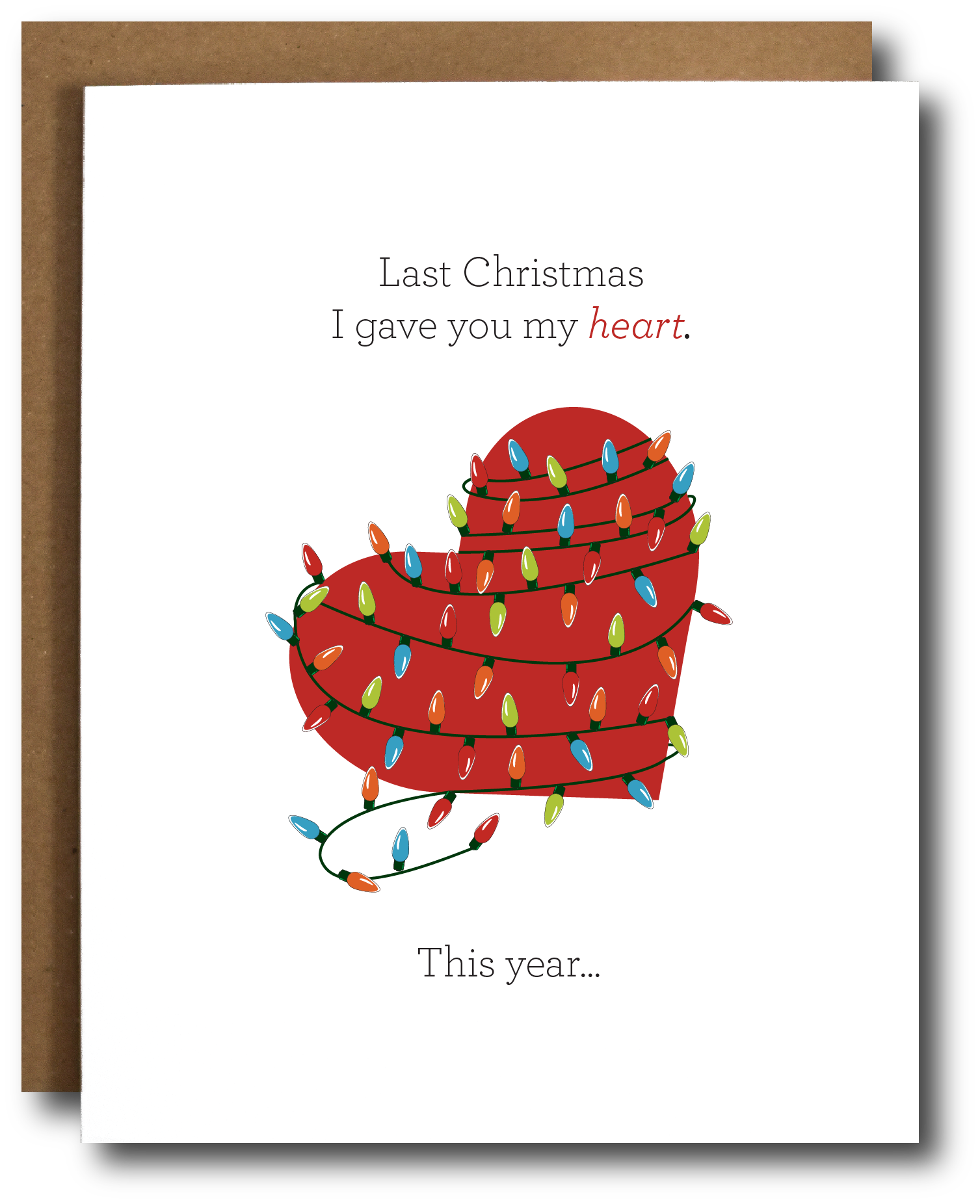 A humorous Christmas card featuring a clever message about love and relationships, with a Kraft envelope and plastic sleeve.