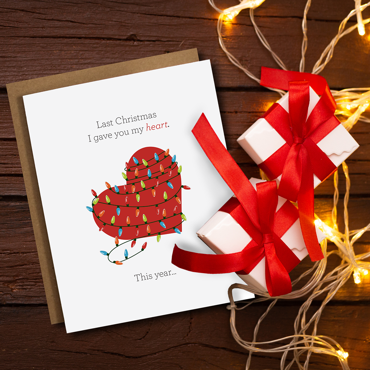 A humorous Christmas card featuring a clever message about love and relationships, with a Kraft envelope and plastic sleeve.