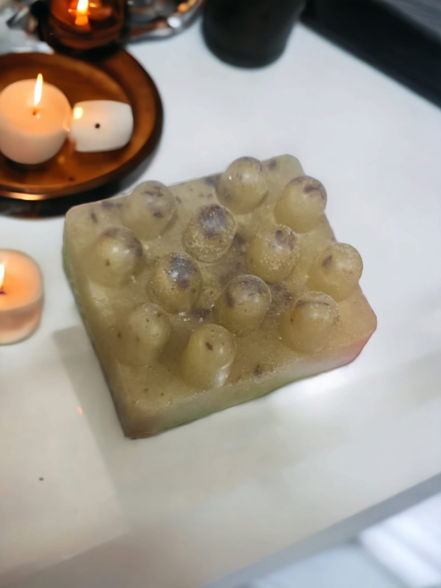 Lavender Blox Soap bar with a calming lavender color, showcasing its handcrafted texture and elegant design.