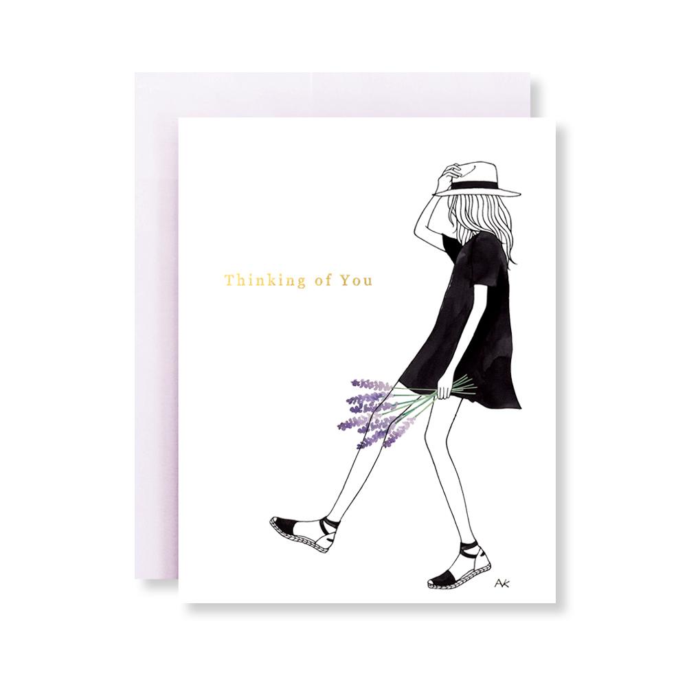 Lavender Flower Fashion Illustration card with coral metallic envelope, A2 size, blank inside for personal messages.