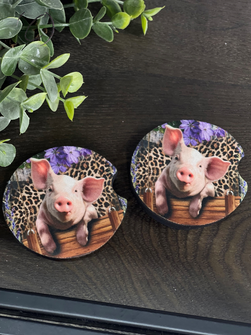 Lavender Leopard Piglet car coaster set featuring a stylish leopard print design, made of durable neoprene material.