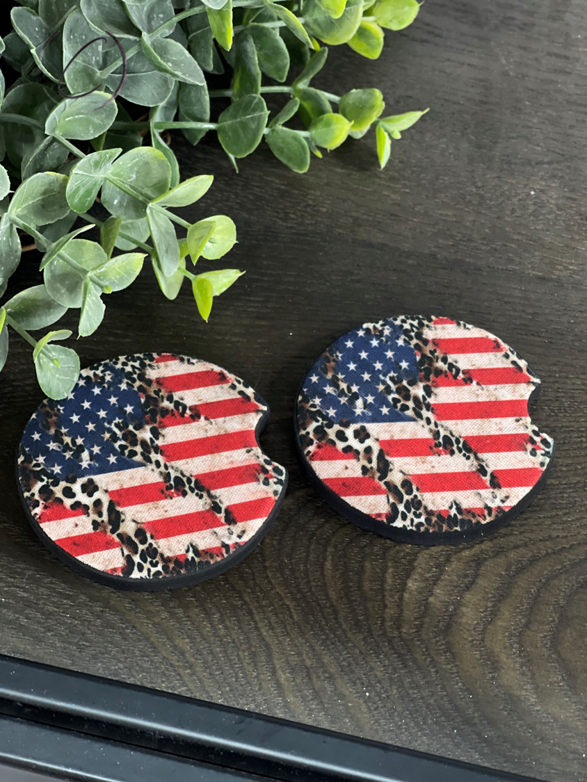 Leopard American Flag car coaster set featuring a stylish design with vibrant colors and durable neoprene material.