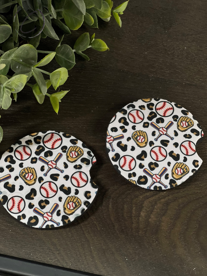 Leopard Baseball car coaster set featuring durable neoprene material with a stylish leopard print design.