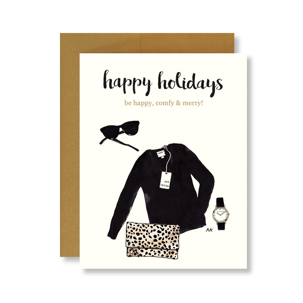 Leopard Clutch and Sweater Happy Holiday Card with antique gold envelope, showcasing stylish design and premium quality.