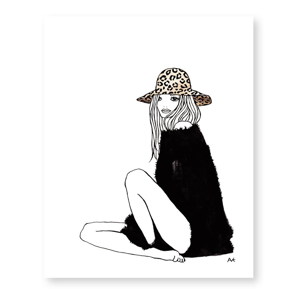 Leopard Hat Woman Art Print featuring a stylish woman in a leopard hat, printed on high-quality paper.