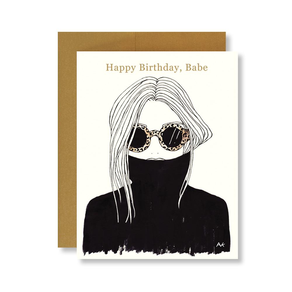 Chic birthday card featuring a leopard shades fashion illustration with an antique gold envelope.