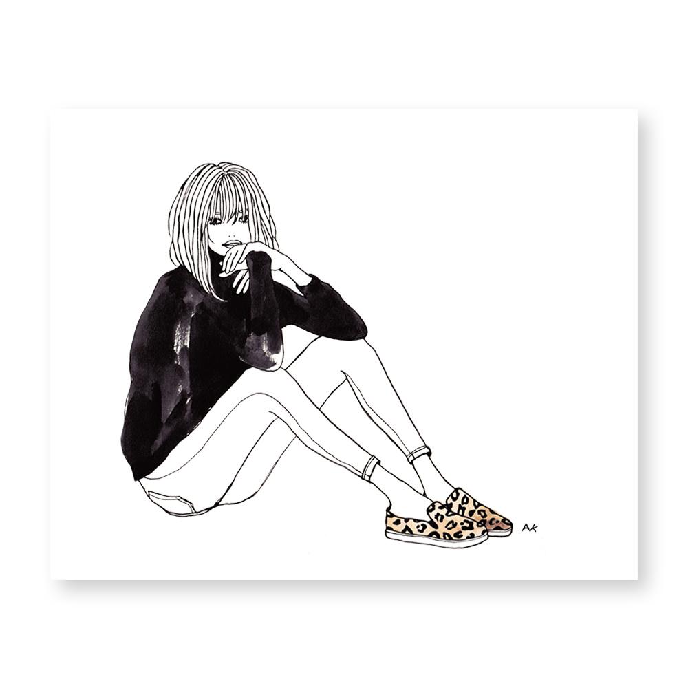 Leopard Slip-On Woman Art Print displayed in a clear sleeve, showcasing vibrant colors and intricate details.