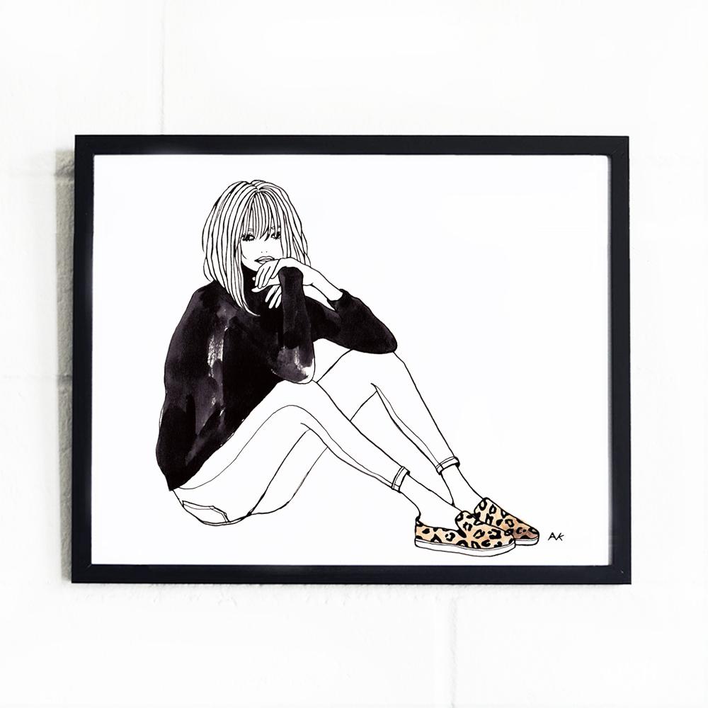 Leopard Slip-On Woman Art Print displayed in a clear sleeve, showcasing vibrant colors and intricate details.