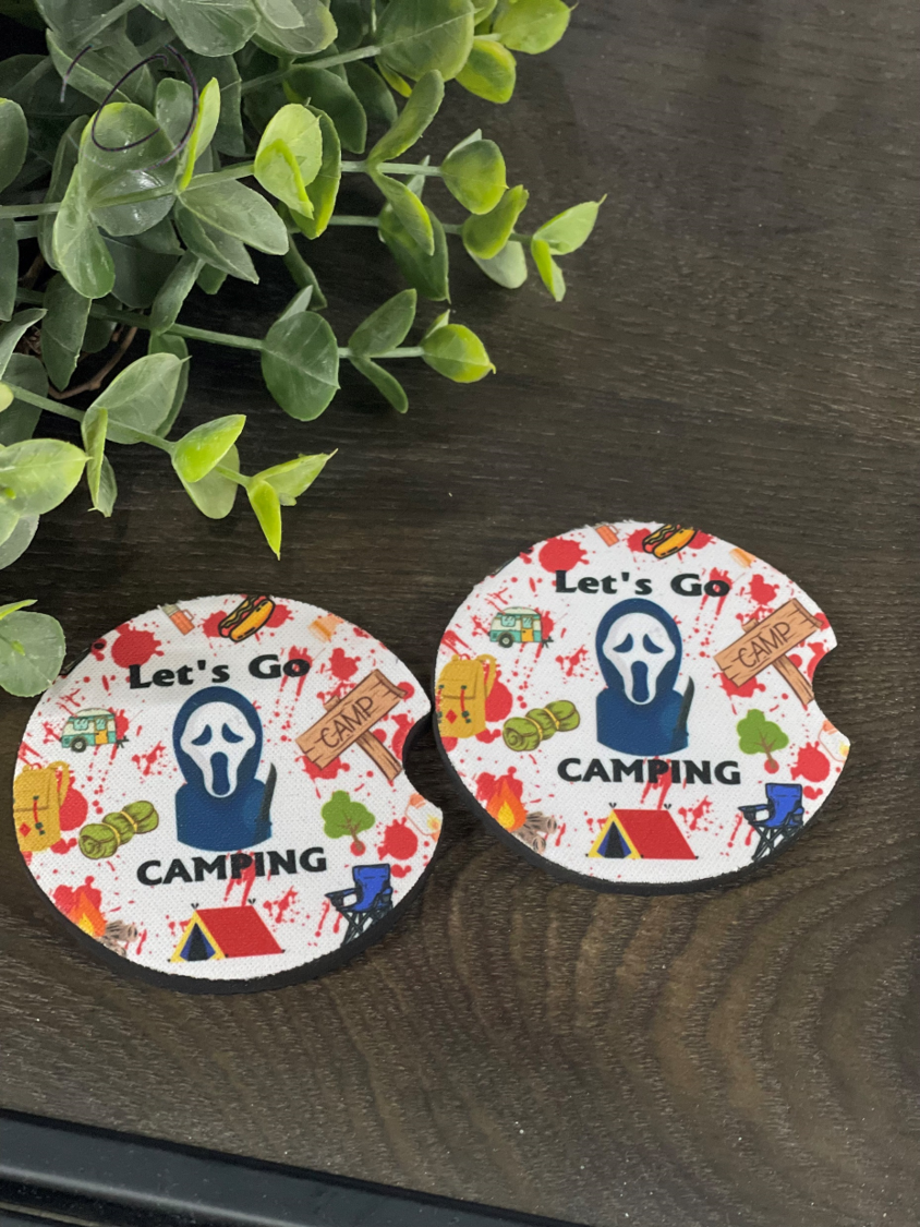Let's Go Camping Horror Car Coaster Set featuring a spooky camping design, made of durable neoprene, perfect for car cup holders.