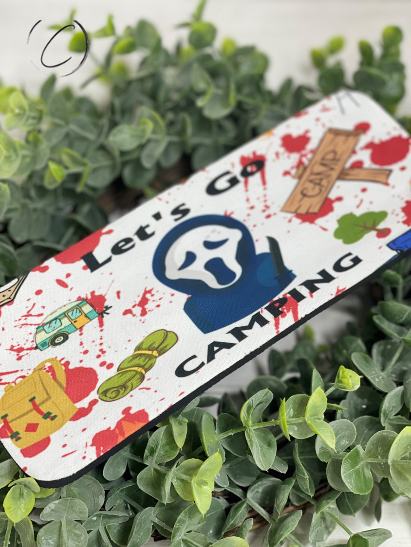 Let's Go Camping Horror Slap Wrap Can Cooler featuring a vibrant design, perfect for 12oz cans and bottles, made of durable neoprene material.