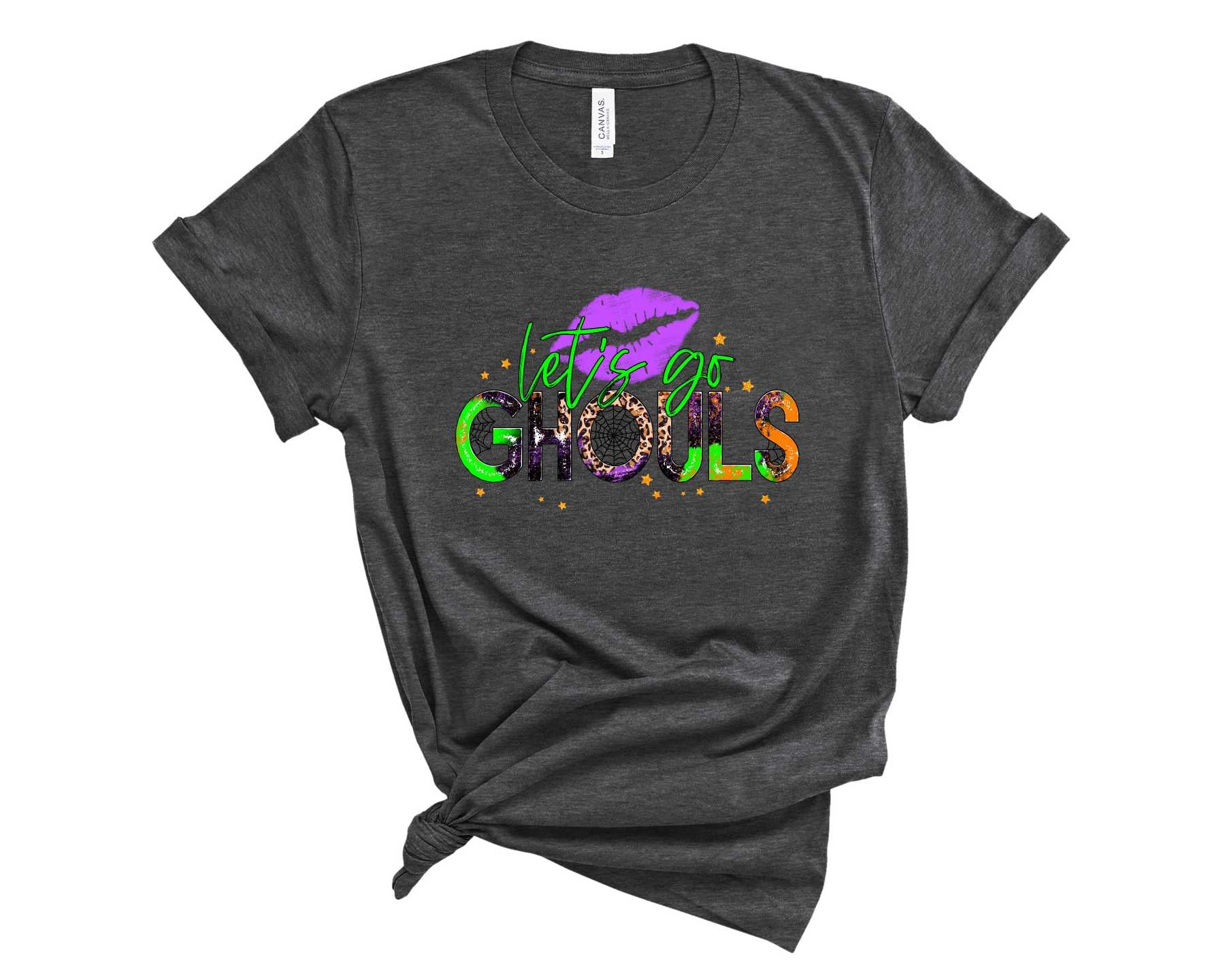Lets Go Ghouls Grunge Graphic Tee featuring a spooky design, perfect for Halloween and casual wear.