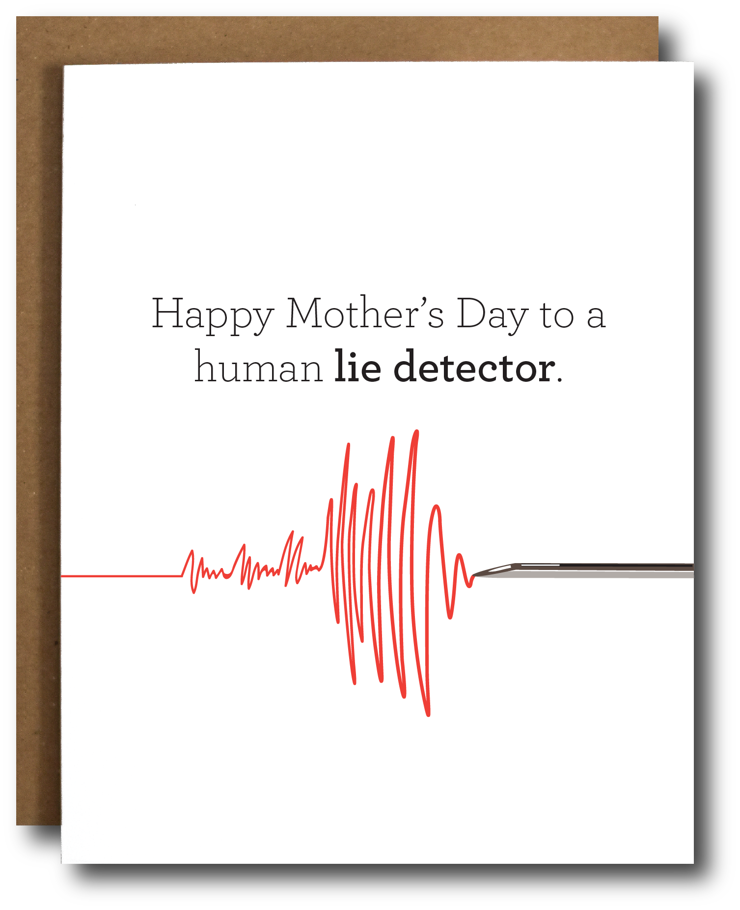 A humorous Mother's Day card featuring a playful design about a mom's ability to detect lies, with a kraft paper envelope.