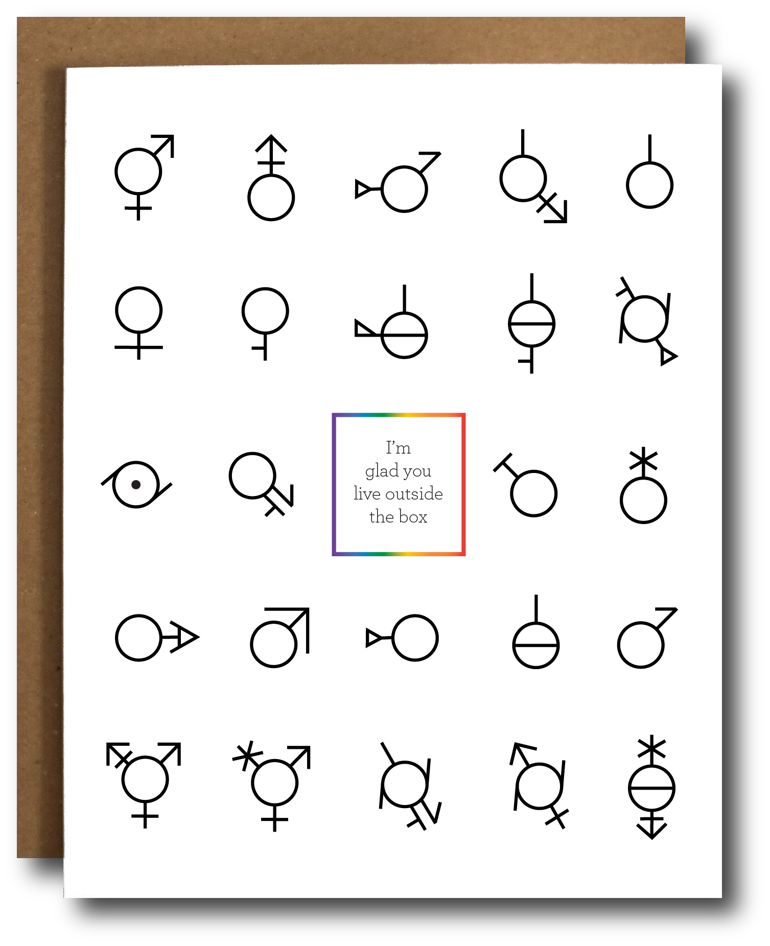 Life Outside the Box Card featuring a colorful design celebrating gender identity, with a kraft envelope and protective sleeve.