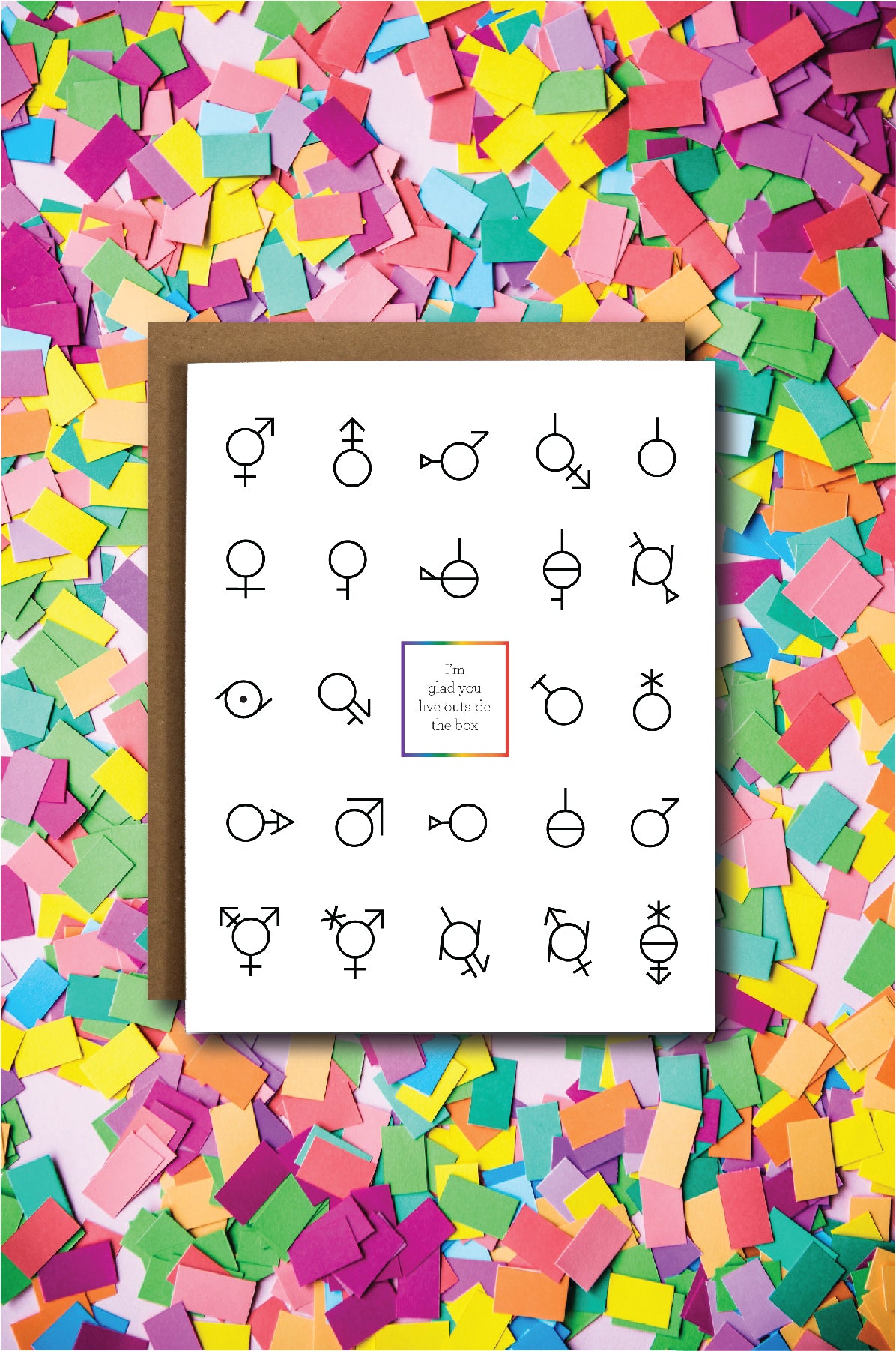Life Outside the Box Card featuring a colorful design celebrating gender identity, with a kraft envelope and protective sleeve.