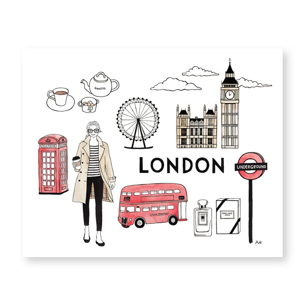 A beautiful London art print featuring iconic landmarks, sized 8" x 10", printed on high-quality paper.
