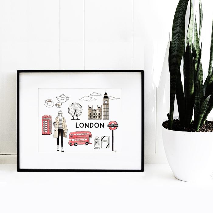 A beautiful London art print featuring iconic landmarks, sized 8" x 10", printed on high-quality paper.