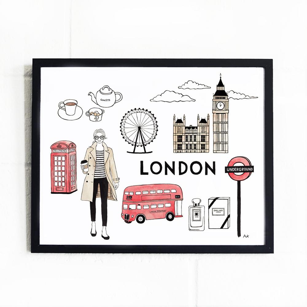 A beautiful London art print featuring iconic landmarks, sized 8" x 10", printed on high-quality paper.