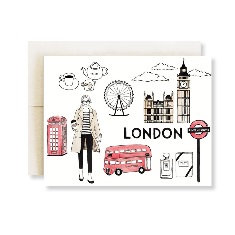 A beautifully illustrated greeting card featuring iconic London landmarks, with a quartz metallic envelope.