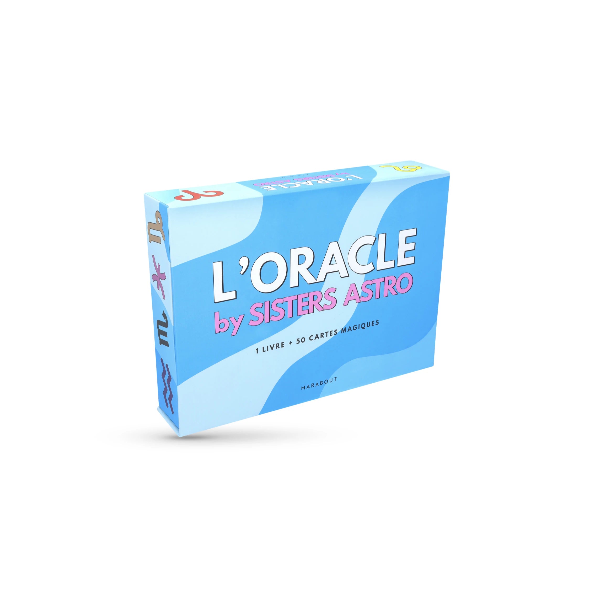 L'Oracle by Sisters Astro featuring 50 illustrated cards, an 80-page guidebook, and a stylish carrying pouch, all designed for spiritual guidance.