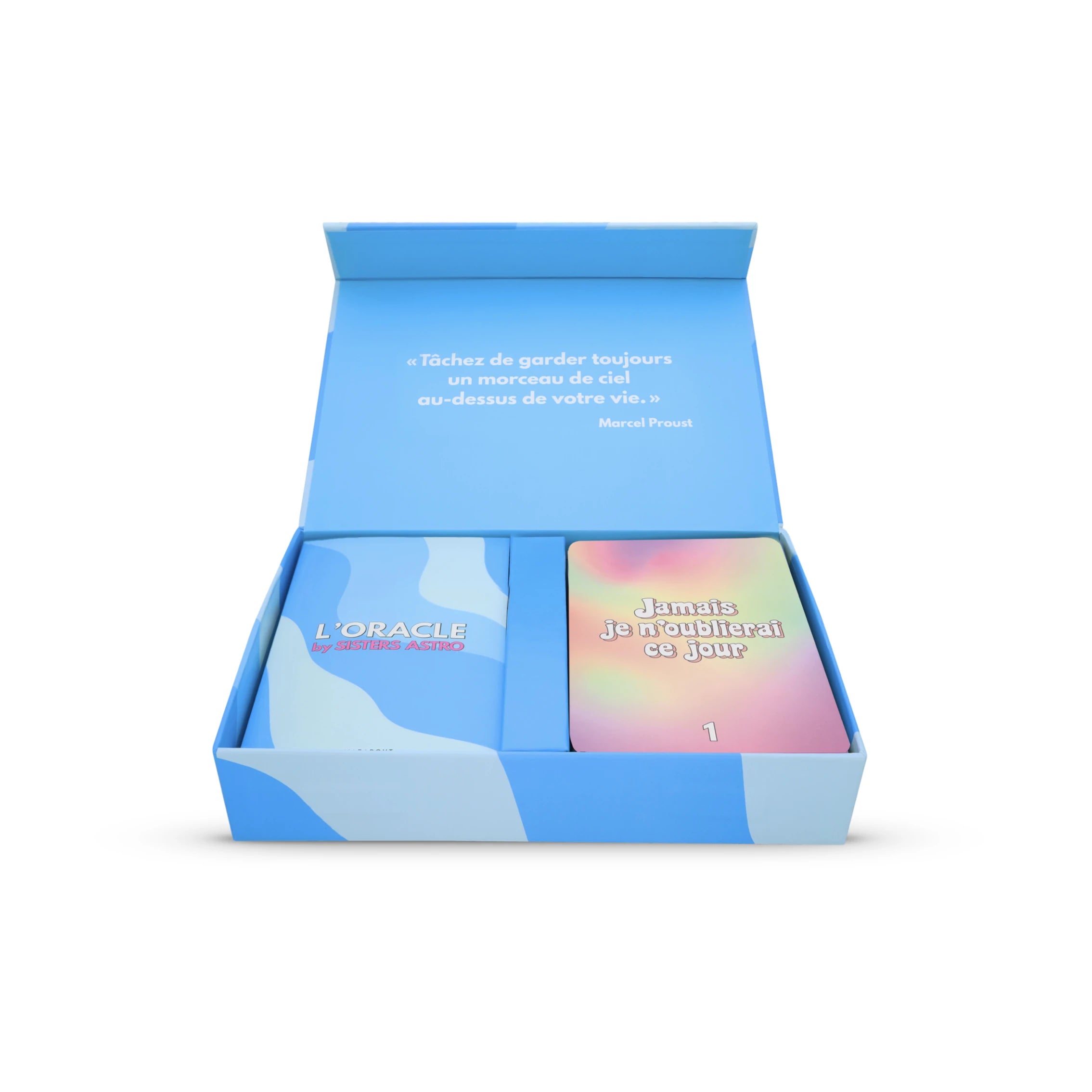 L'Oracle by Sisters Astro featuring 50 illustrated cards, an 80-page guidebook, and a stylish carrying pouch, all designed for spiritual guidance.