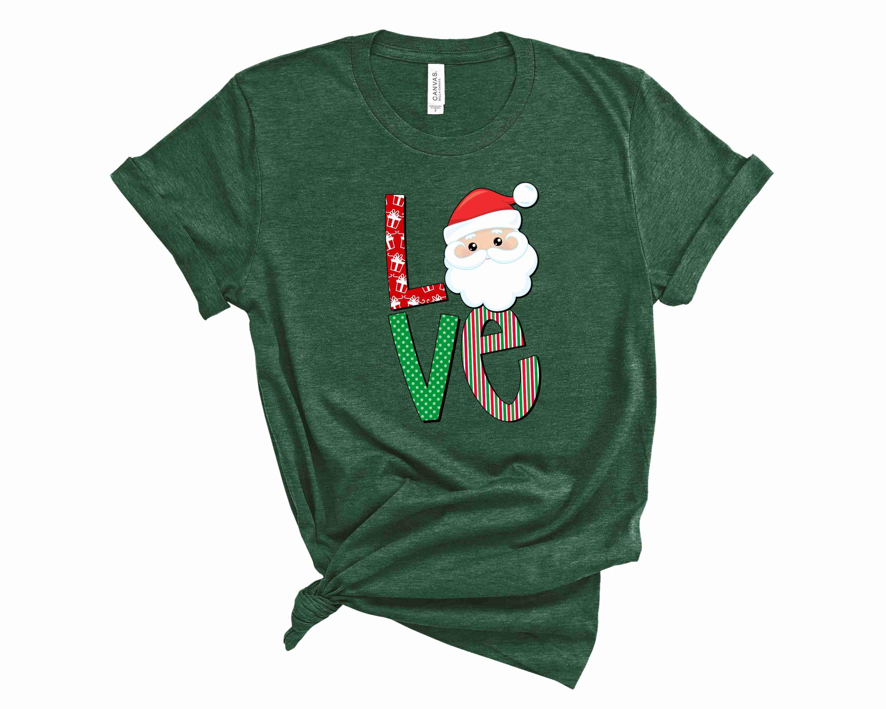 A unisex Love and Santa graphic tee featuring a festive Santa design, perfect for holiday celebrations.