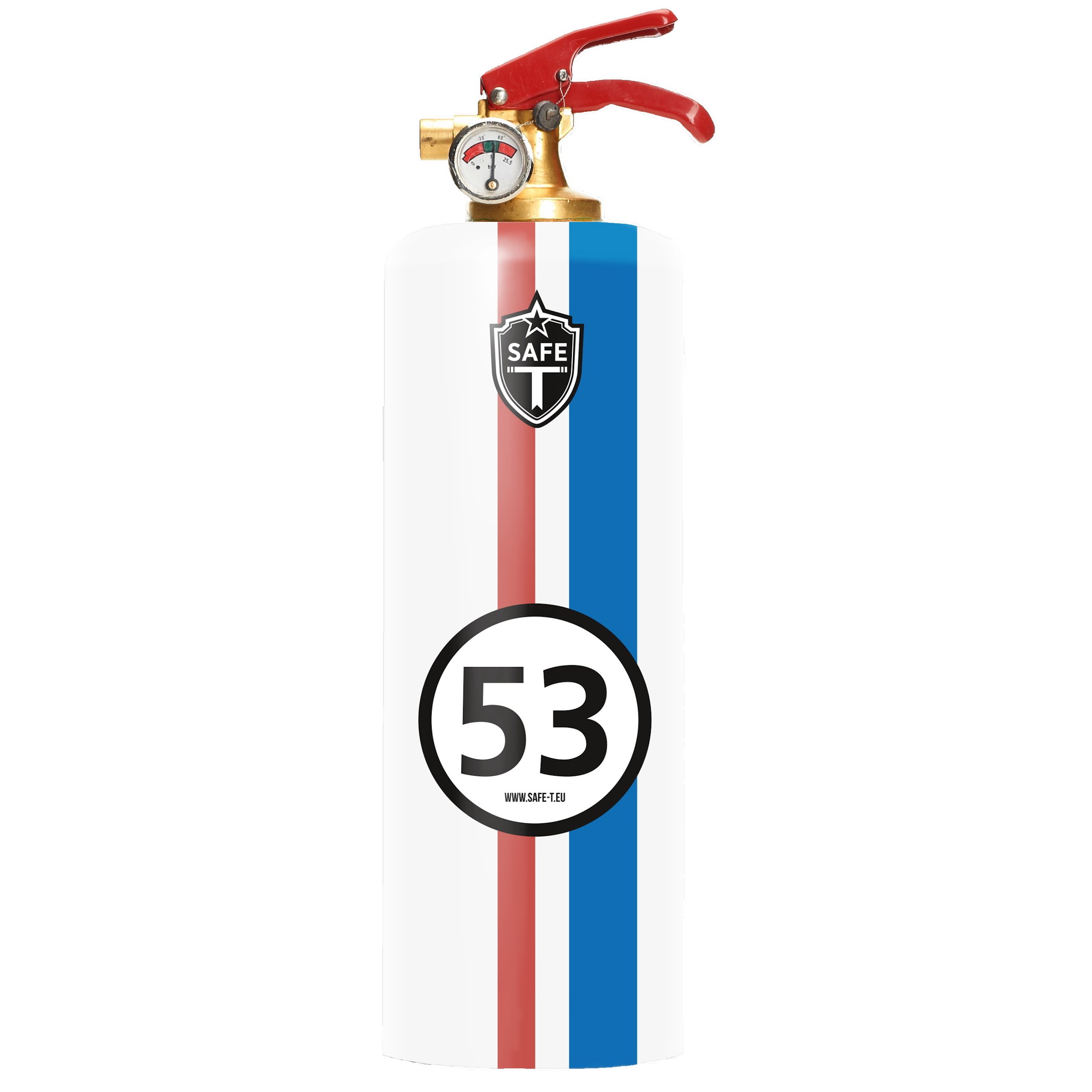 Stylish Safe-T LOVE BUG fire extinguisher inspired by the 1963 beetle, showcasing its elegant design and compact size.