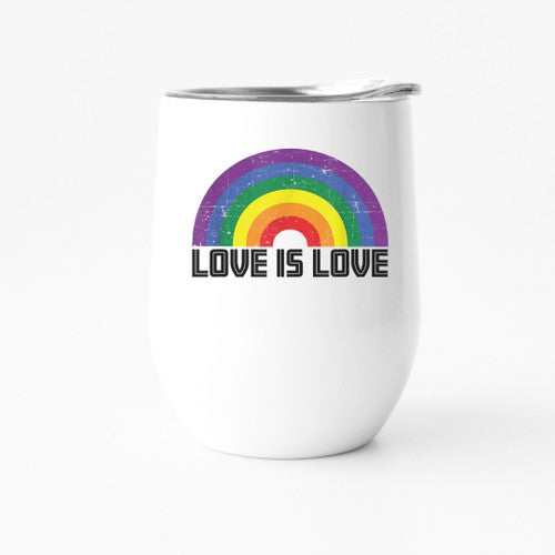 LOVE IS LOVE RAINBOW tumbler featuring a vibrant rainbow design, perfect for hot or cold beverages.