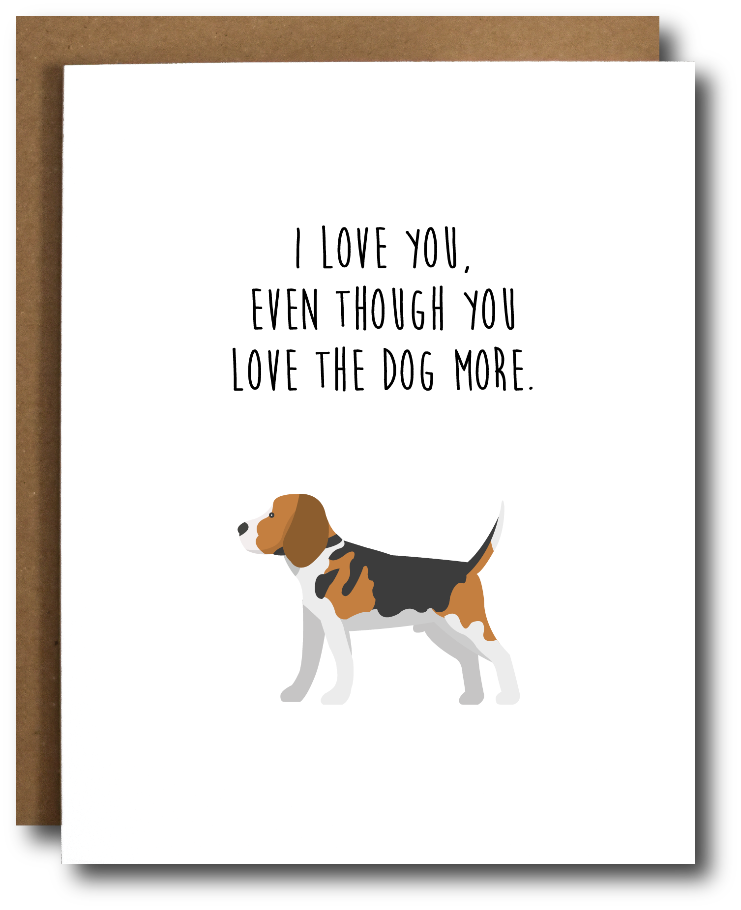 A charming greeting card featuring a playful design celebrating the love for dogs, with a kraft envelope and protective plastic sleeve.