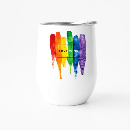 LOVE WINS tumbler featuring a vibrant design, perfect for hot or cold beverages, with a secure lid.
